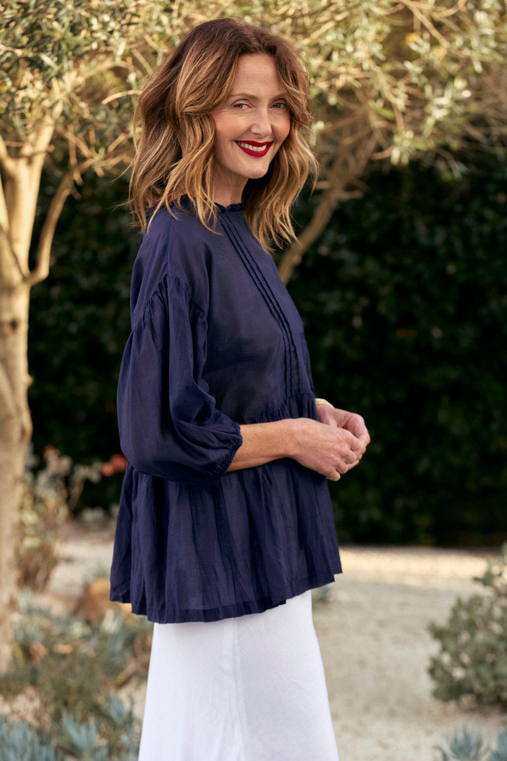 Coco Cotton Silk Blouse in Navy