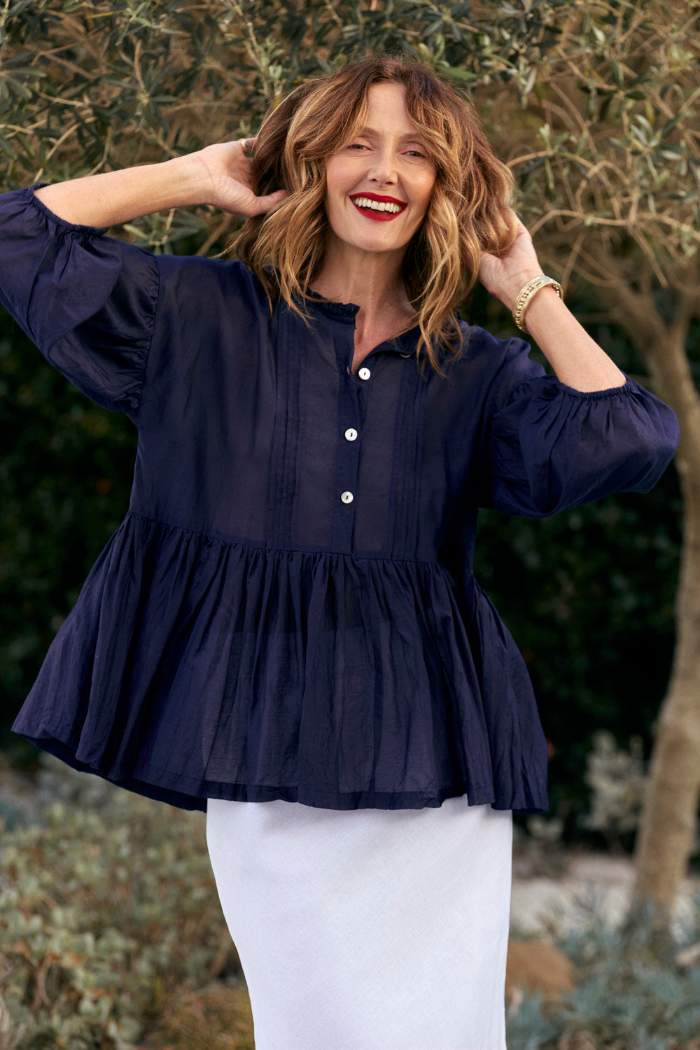 Coco Cotton Silk Blouse in Navy