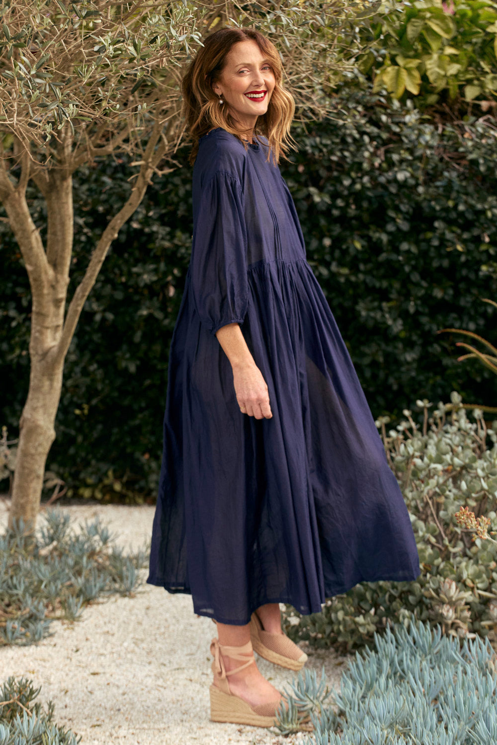 Coco Cotton Silk Dress in Navy