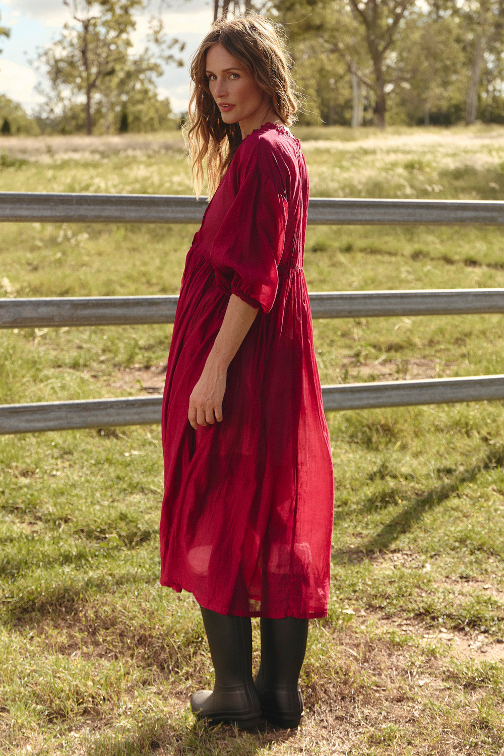 Coco Cotton Silk Dress in Scarlet in cool-toned red, luxurious 80% cotton 20% silk, Adrift