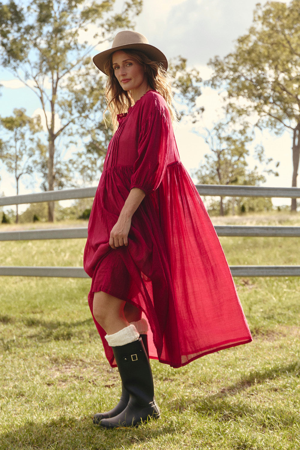 Coco Cotton Silk Dress in Scarlet, elegant cotton silk midi designed in Brisbane Australia
