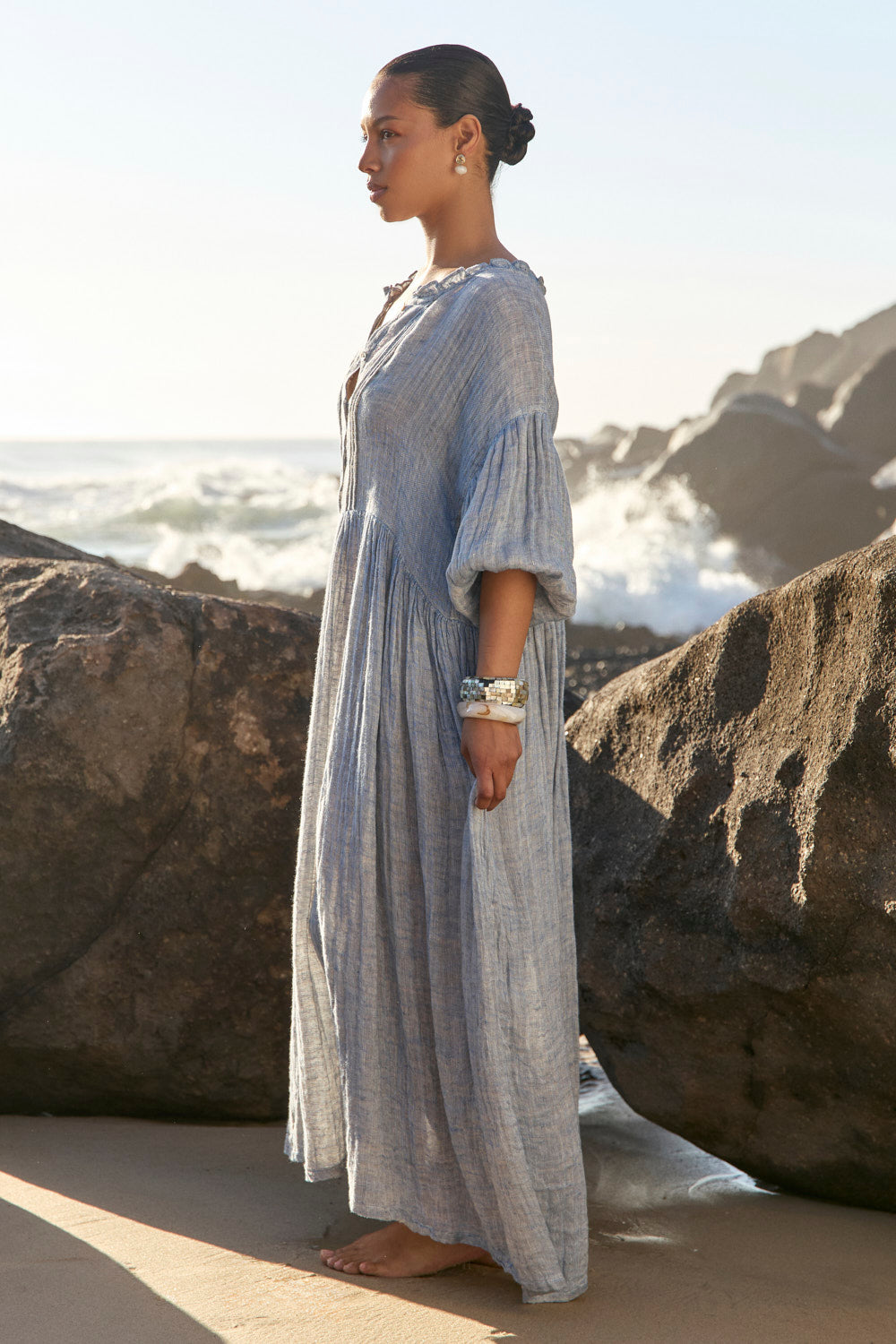 Coco Linen Billow Dress in Sky Blue Tide