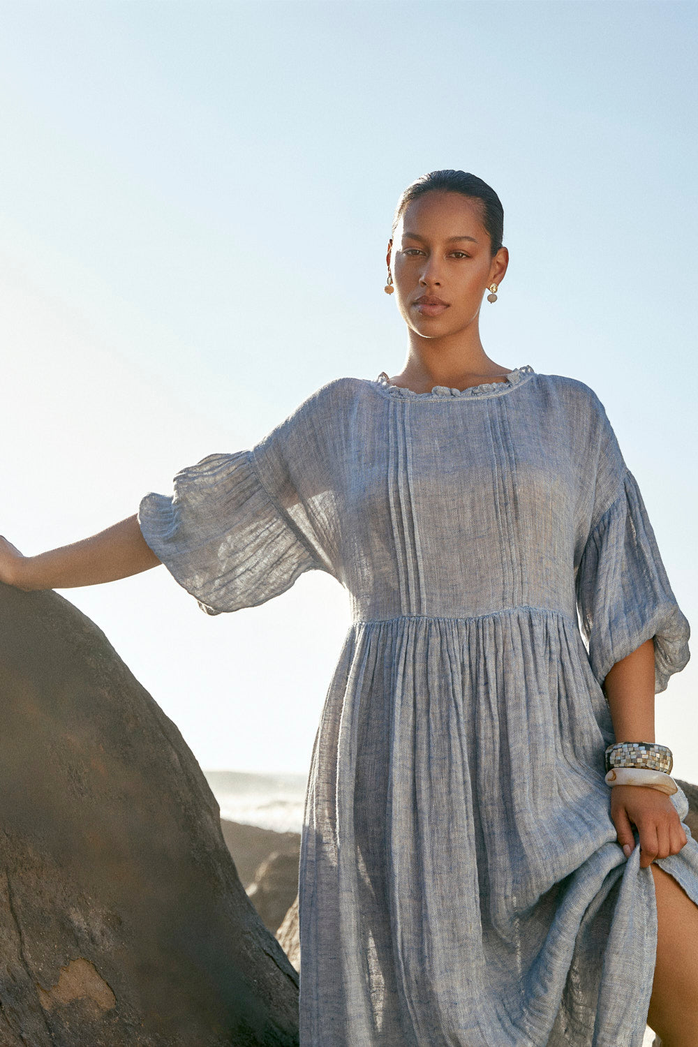 Coco Linen Billow Dress in Sky Blue Tide