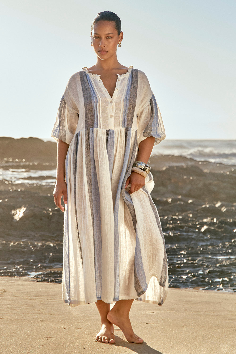 Coco Linen Billow Dress in Tide Lines