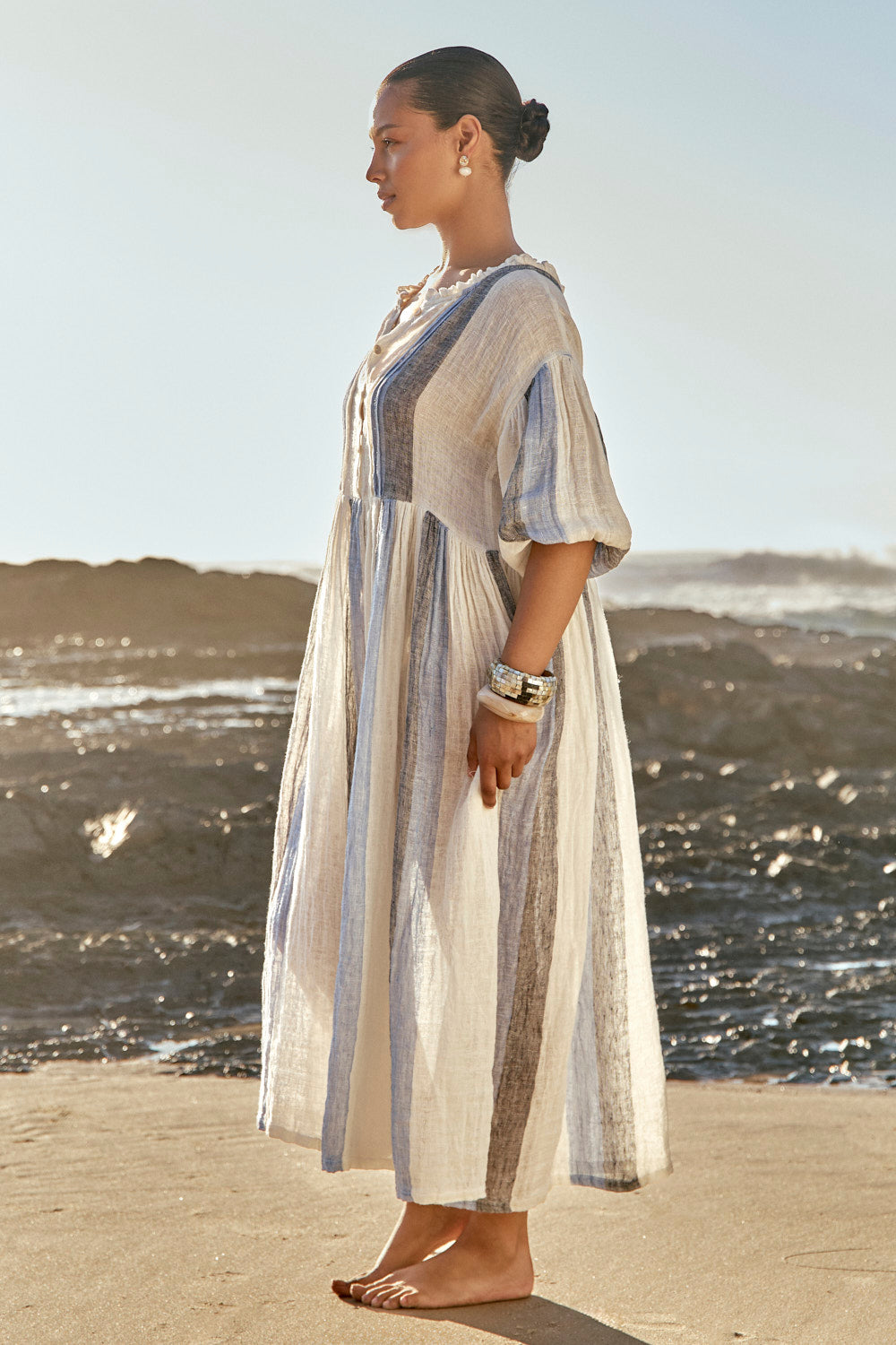 Coco Linen Billow Dress in Tide Lines