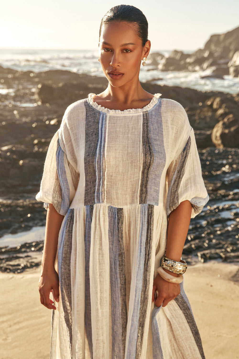 Coco Linen Billow Dress in Tide Lines