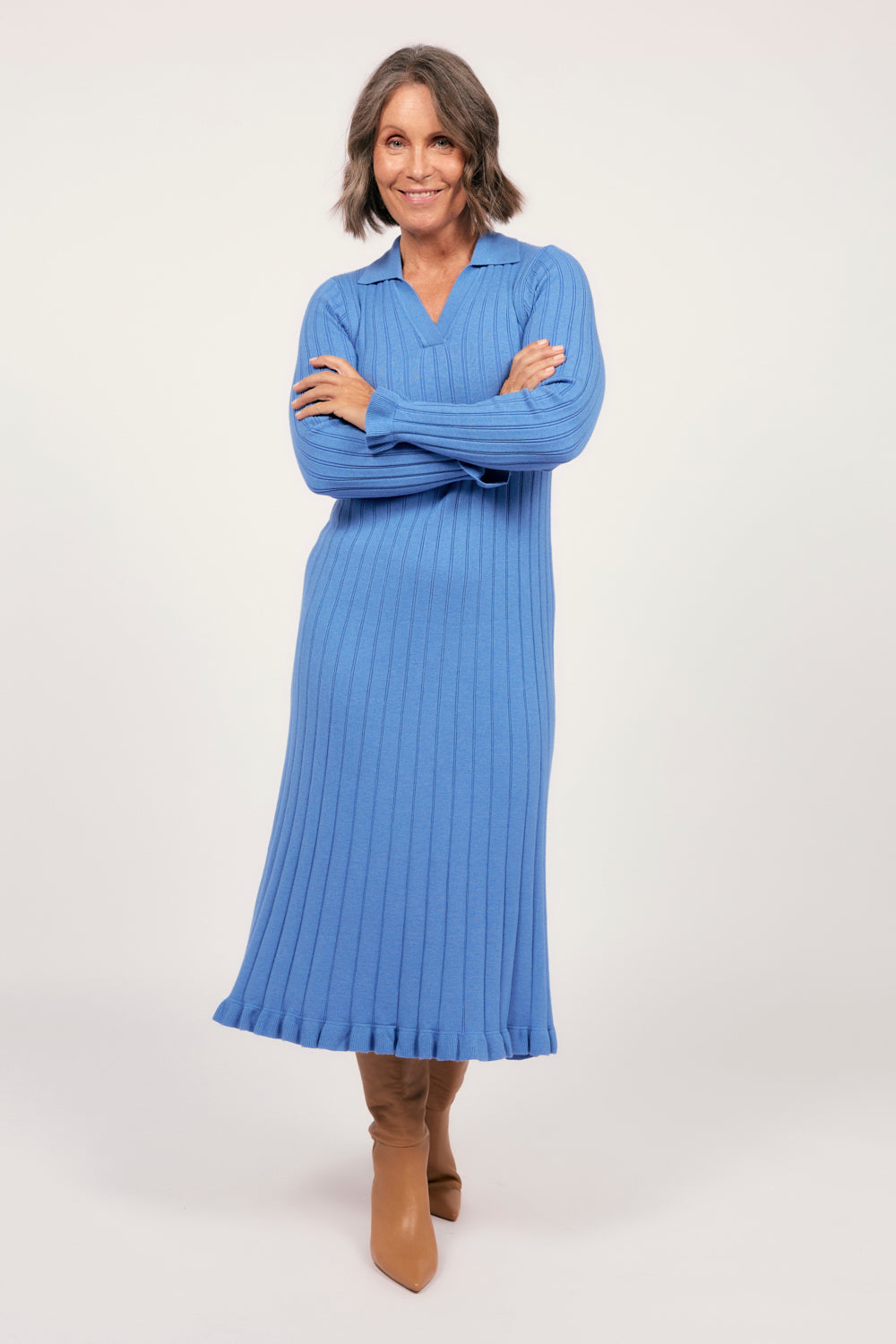 Collared Knitted Swing Dress in Blue