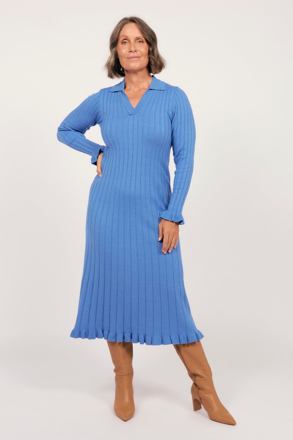 Collared Knitted Swing Dress in Blue