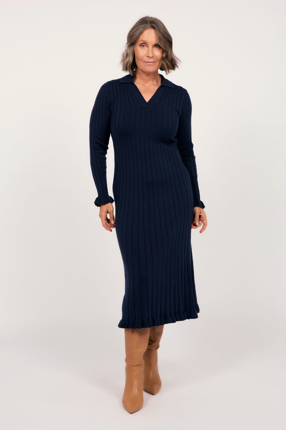 Collared Knitted Swing Dress in Navy