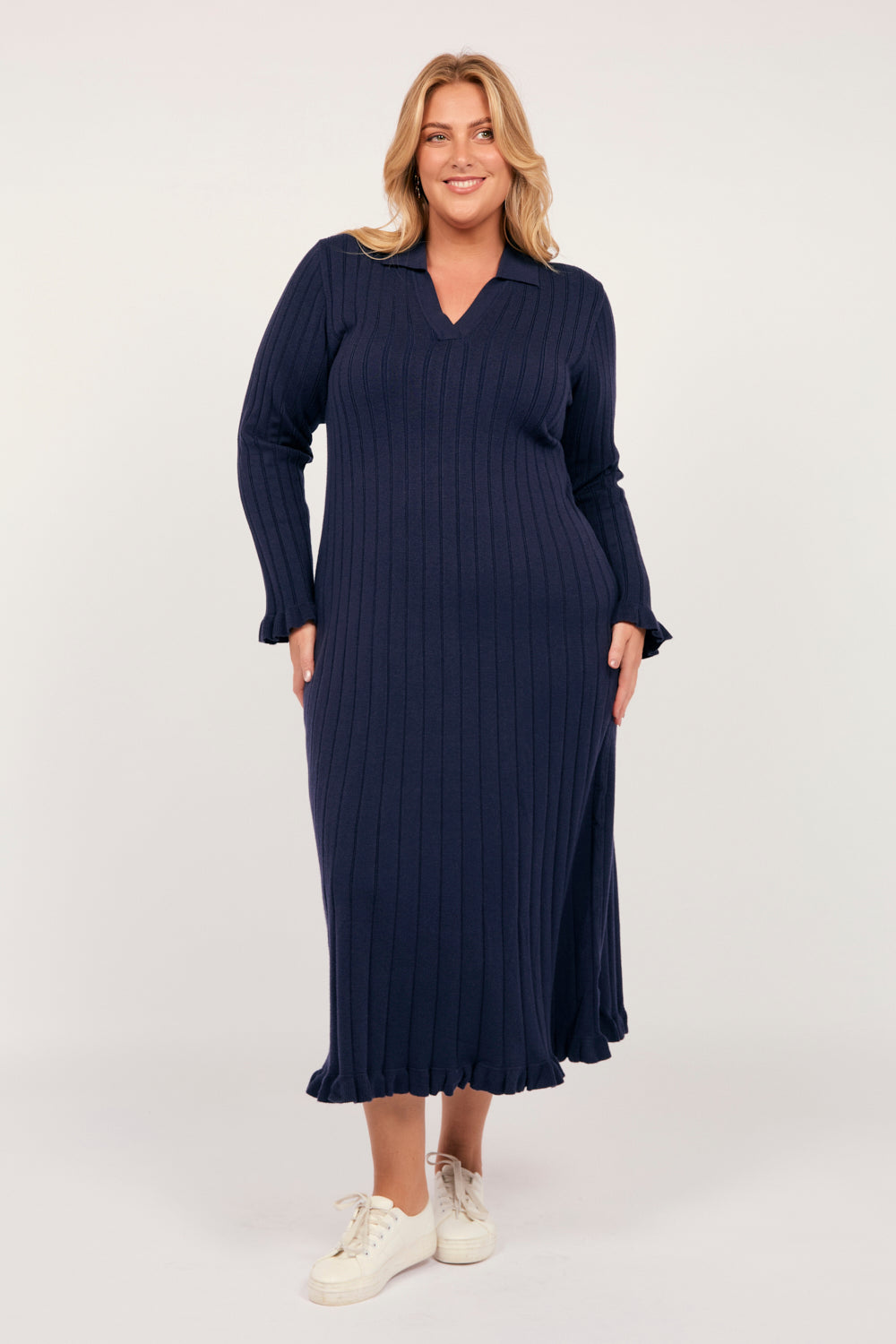 Collared Knitted Swing Dress in Navy