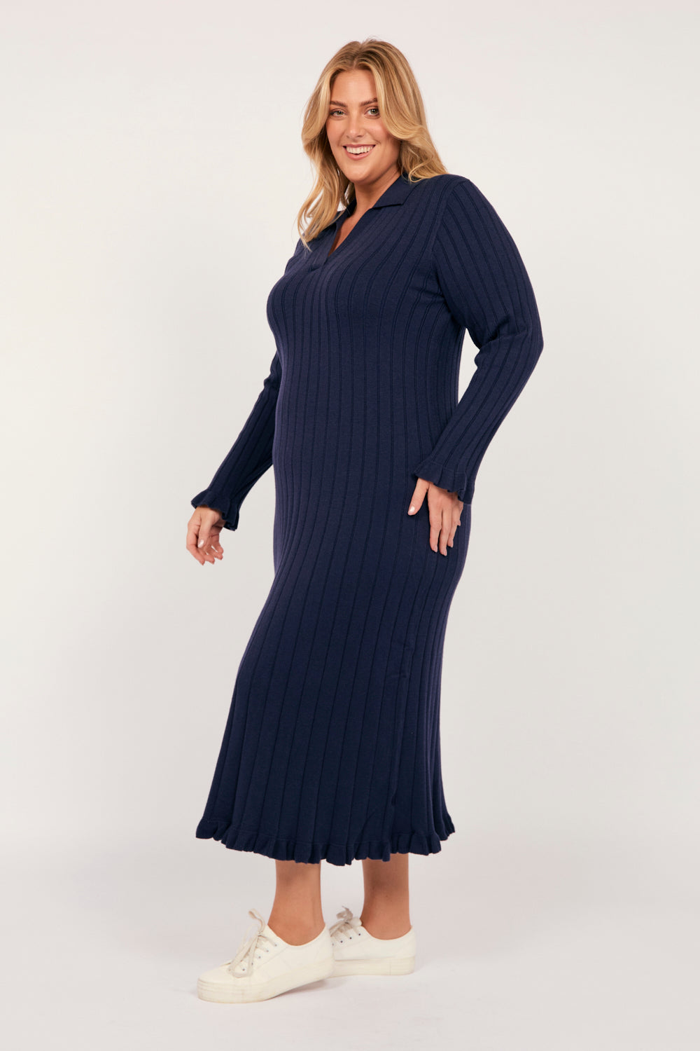 Collared Knitted Swing Dress in Navy