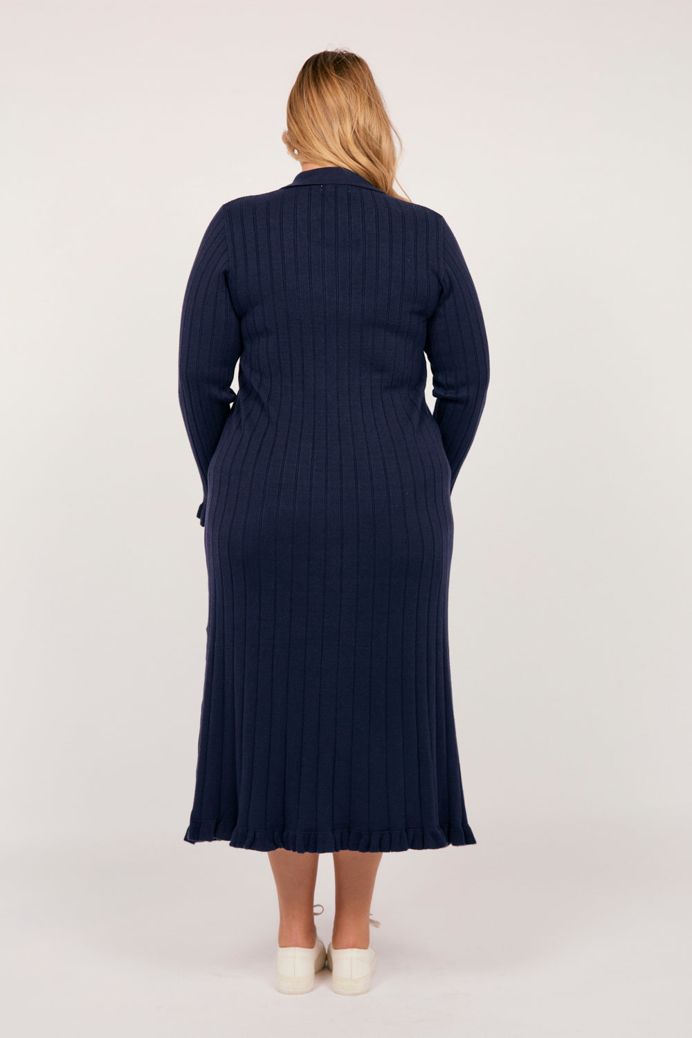 Collared Knitted Swing Dress in Navy
