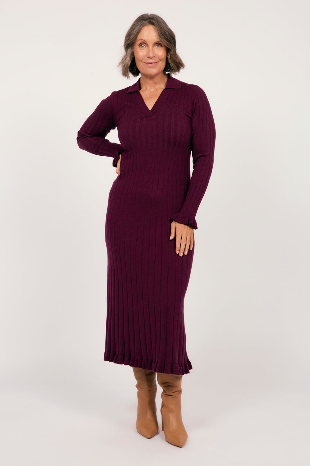 Collared Knitted Swing Dress in Plum
