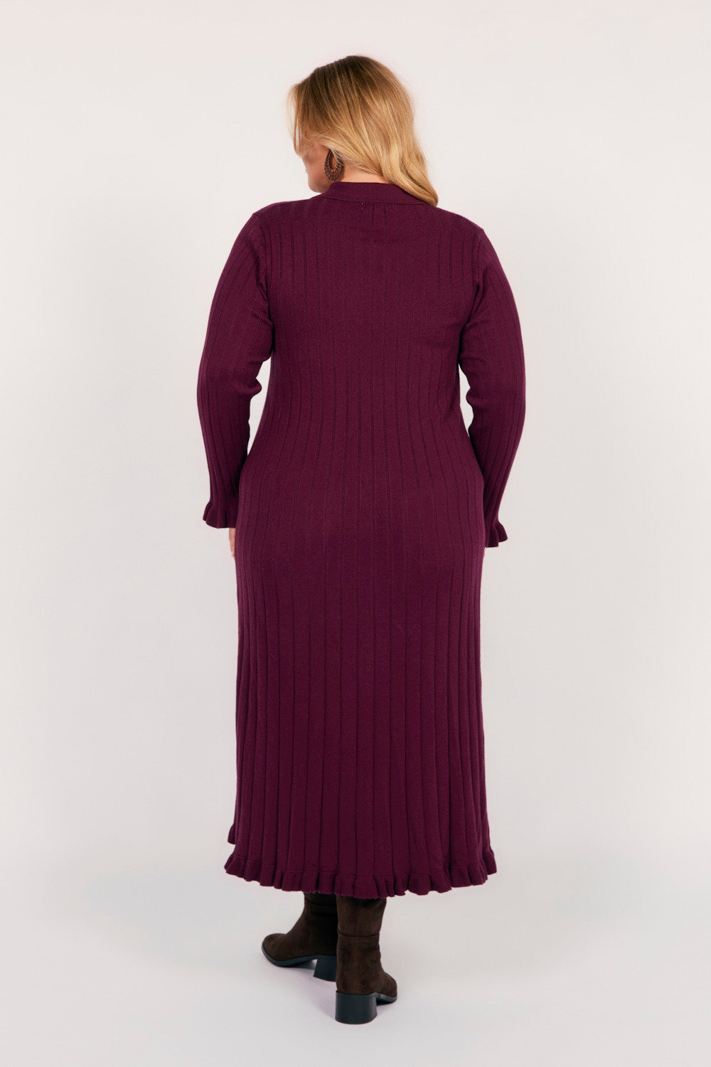 Collared Knitted Swing Dress in Plum