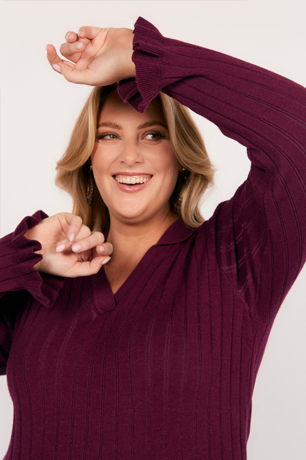 Collared Knitted Swing Dress in Plum