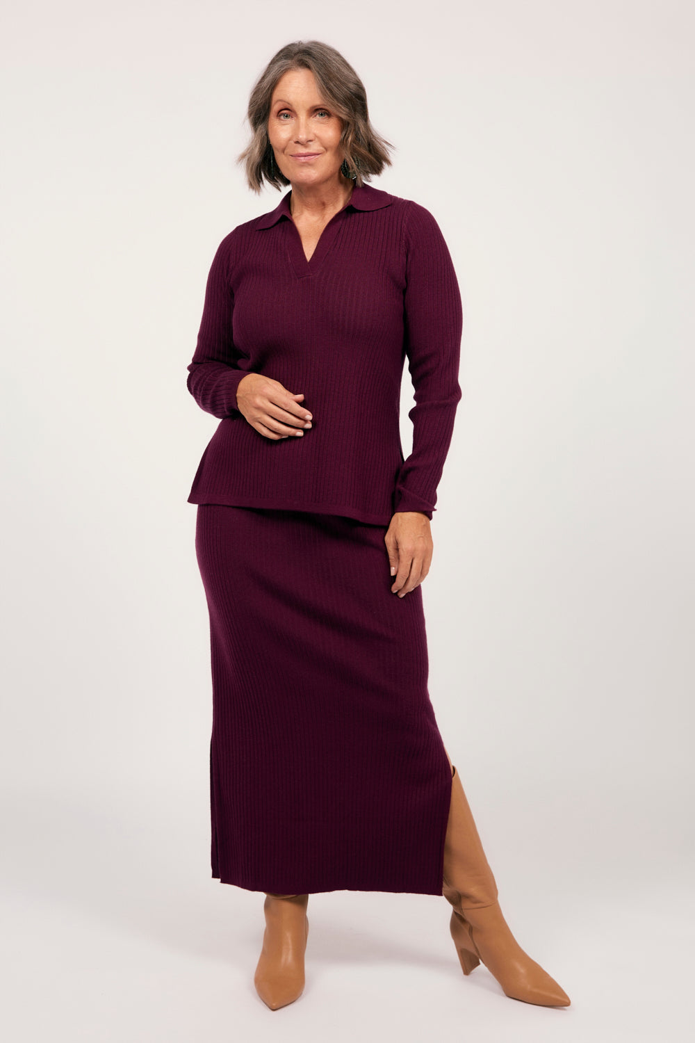 Collared Knitted Top in Plum
