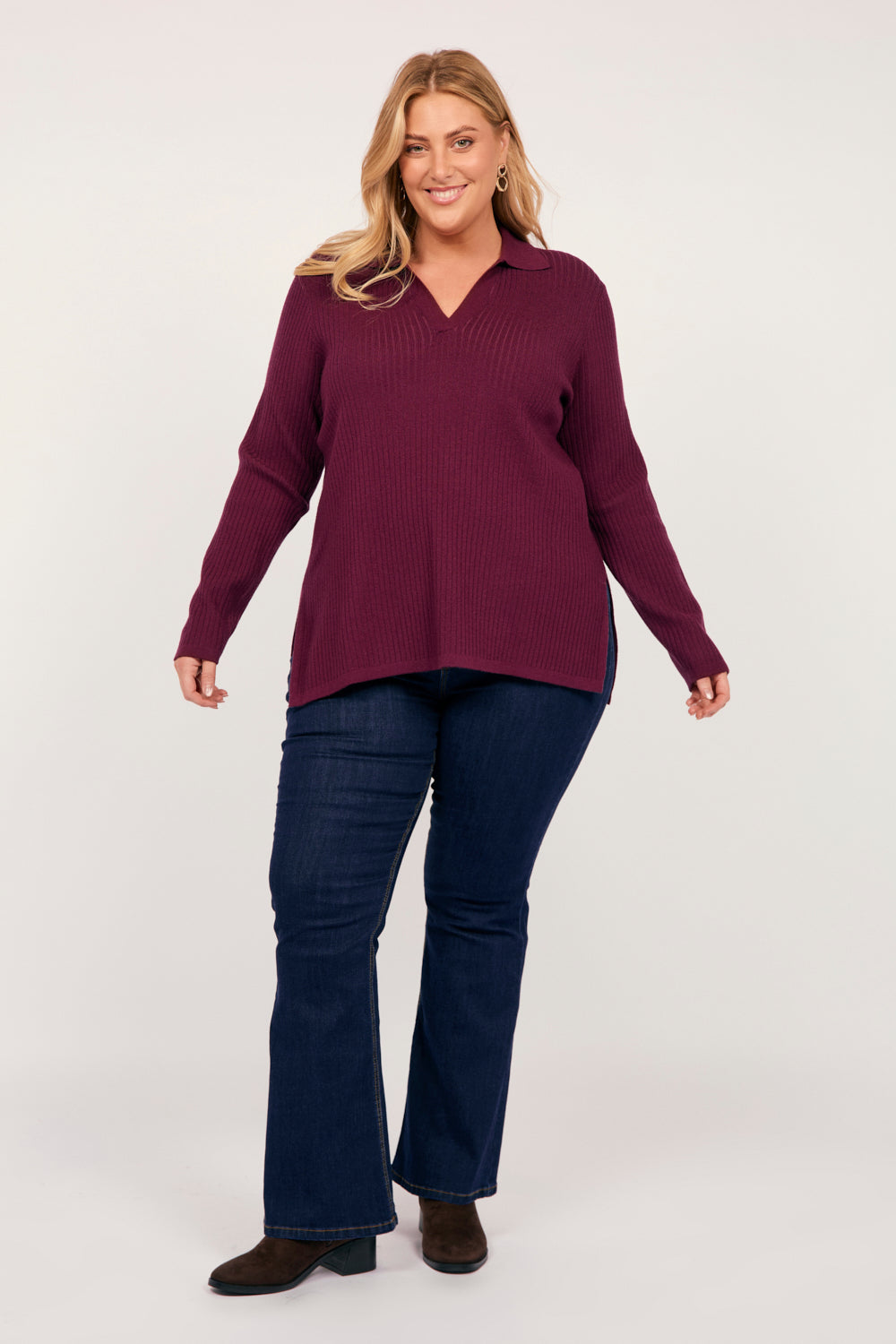 Collared Knitted Top in Plum