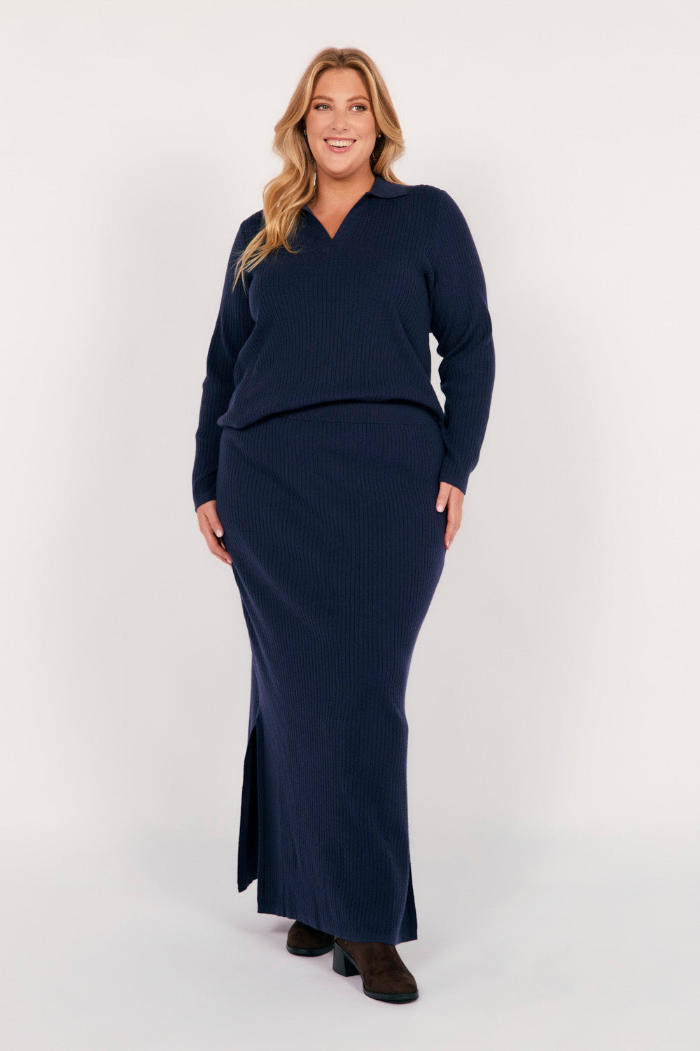 Collared Knitted Top in Navy