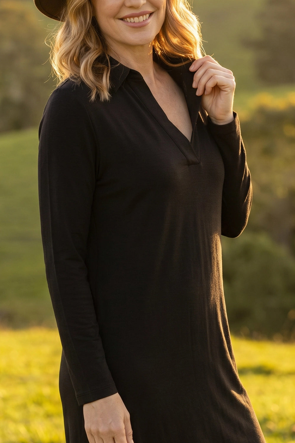 Collared Long Sleeve Swing Tee Dress in Black with long relaxed sleeves, Australian womenswear by Adrift
