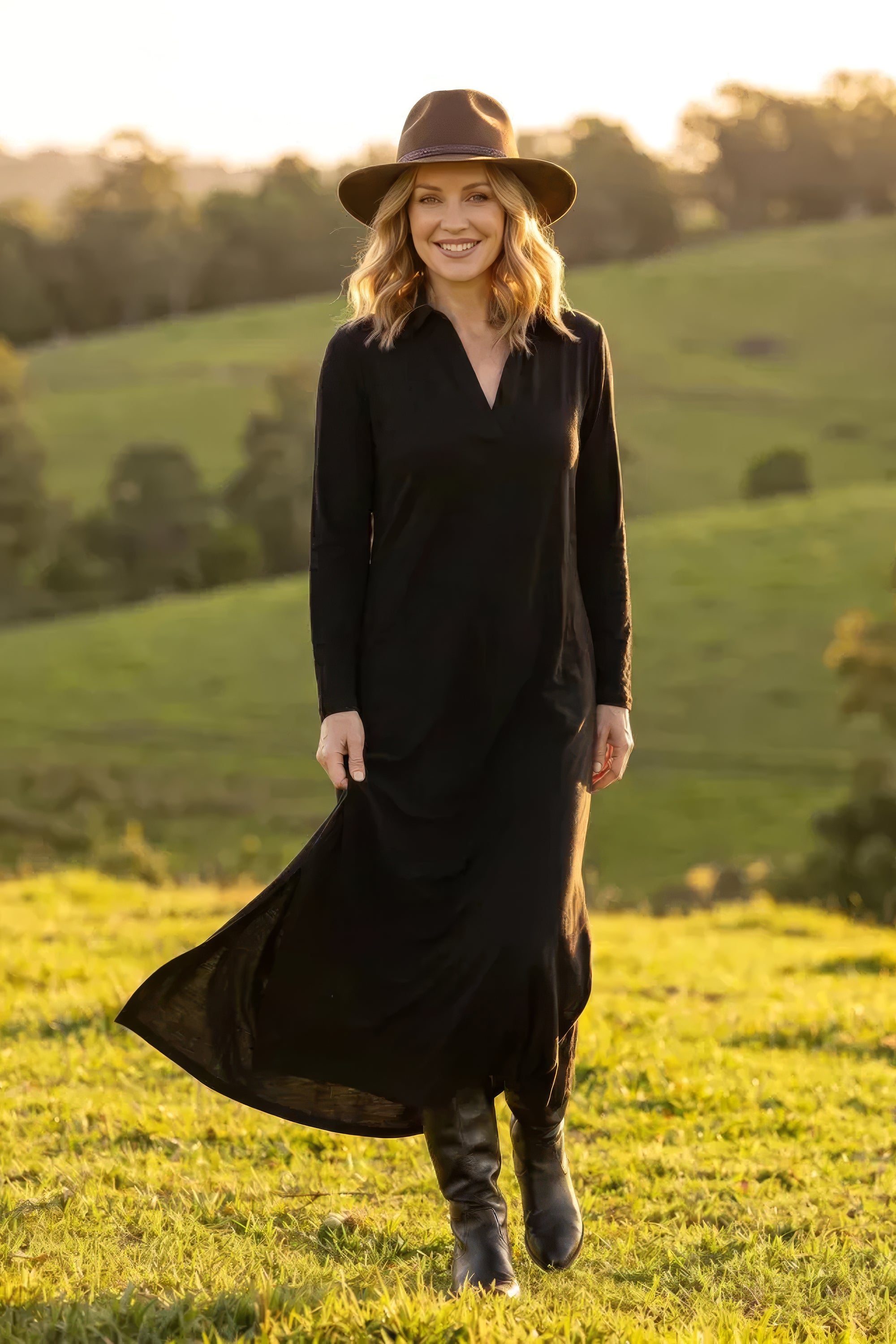 Collared Long Sleeve Swing Tee Dress in Black in viscose spandex that moves without clinging, Adrift Clothing