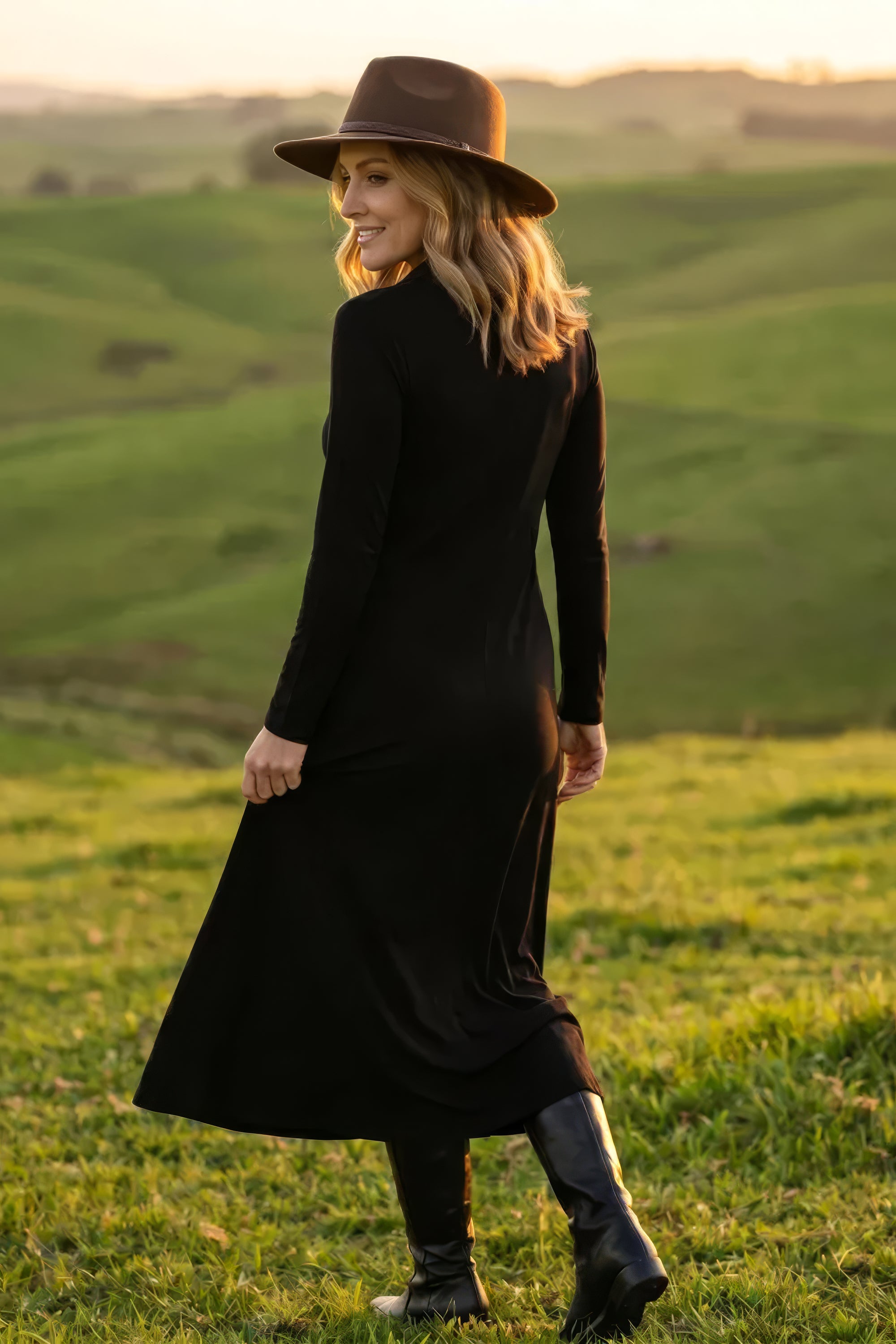 Collared Long Sleeve Swing Tee Dress in Black in soft Adrift Stretch fabric, designed in Brisbane Australia