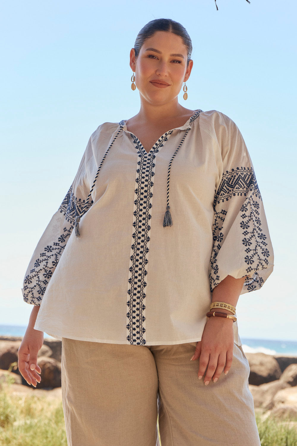 Danny Embroidered Top in Navy Embroidered