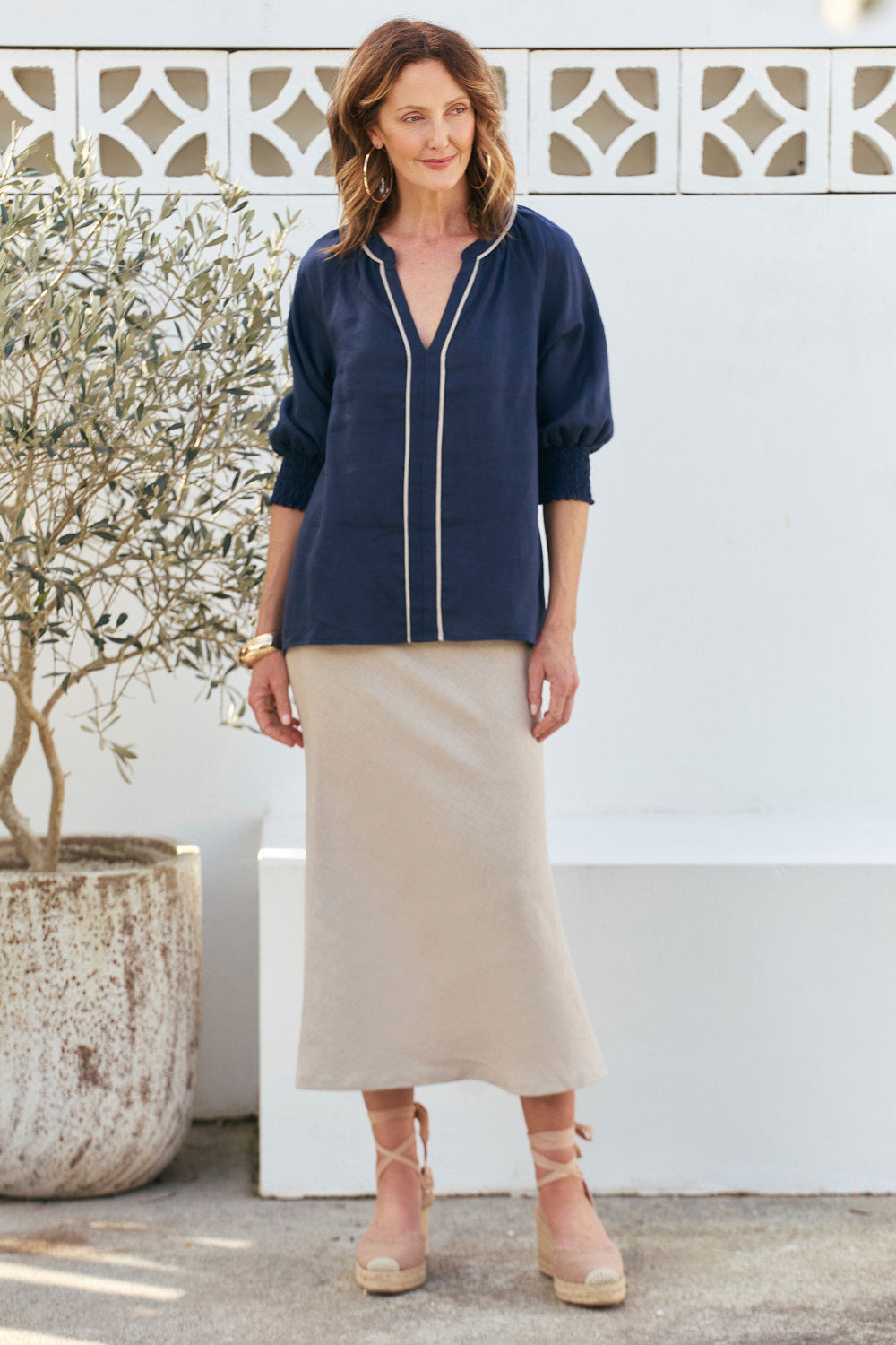Danny Linen Top in Navy Thread, Blouse - Adrift Clothing