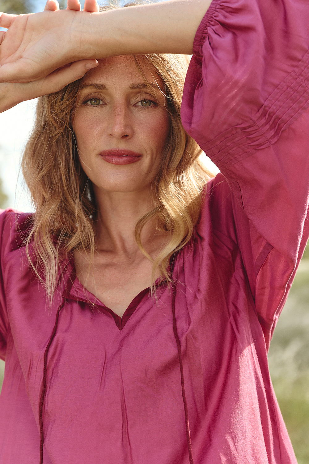 Delilah Cotton Silk Swing Blouse in Rose Wine