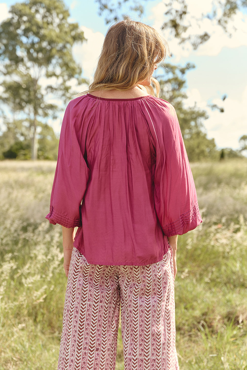 Delilah Cotton Silk Swing Blouse in Rose Wine