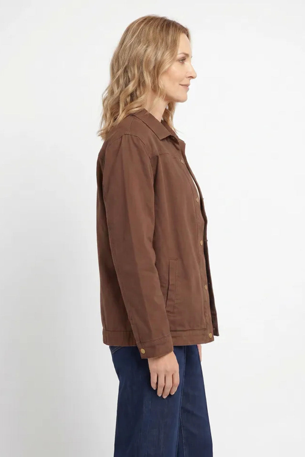 Denim Shacket in Chocolate with button cuffs and split sleeve detail, Adrift