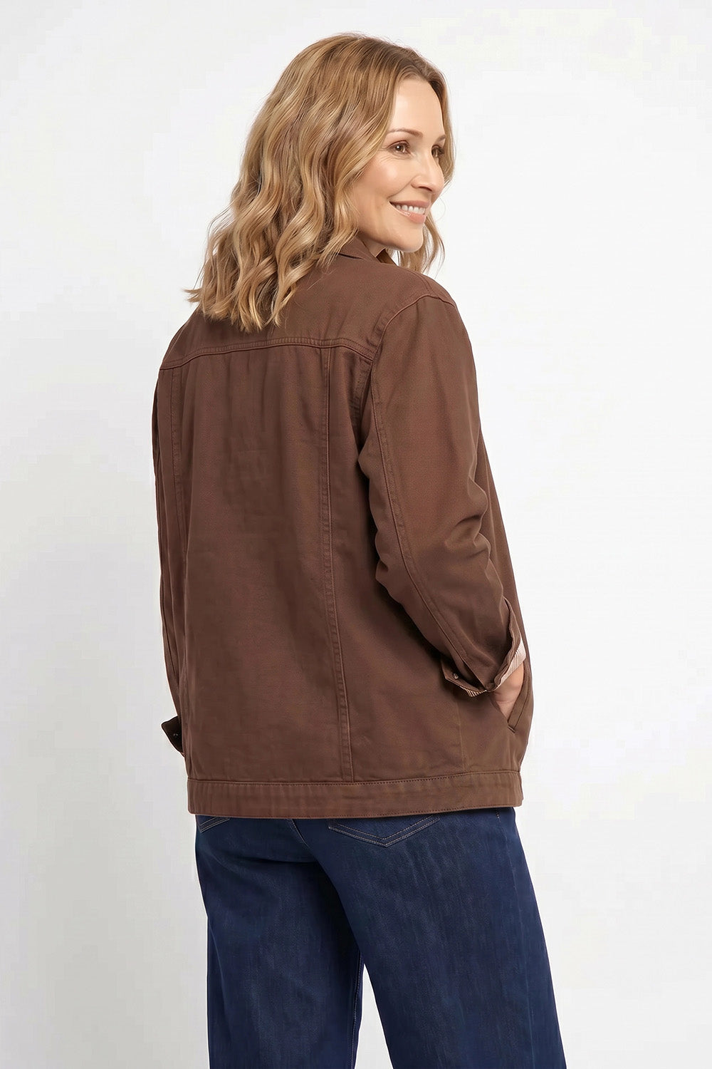 Denim Shacket in Chocolate in comfortable stretch cotton blend, designed in Brisbane Australia