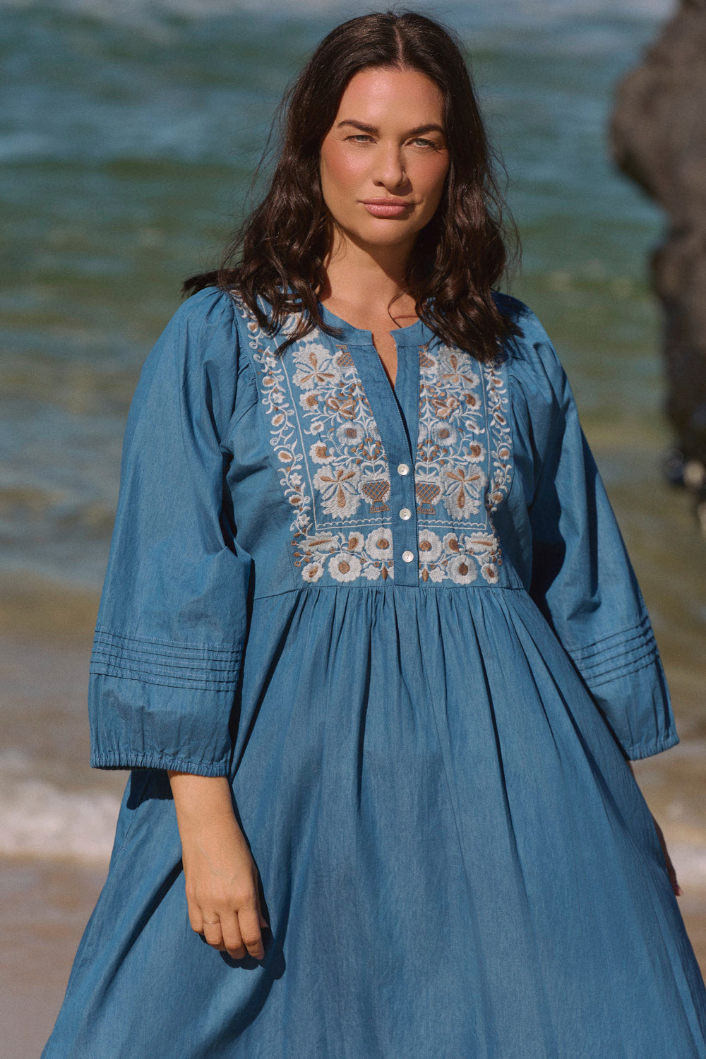 Elodie Chambray Smock Dress in Eterna