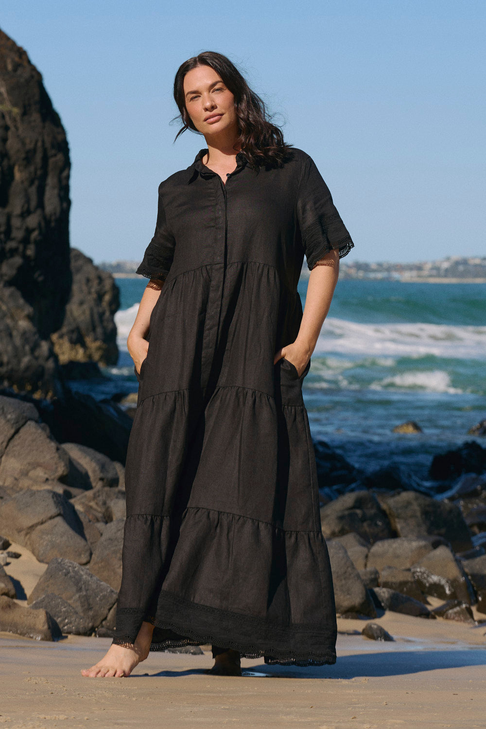 Winslow Linen Button-Through Dress in Black