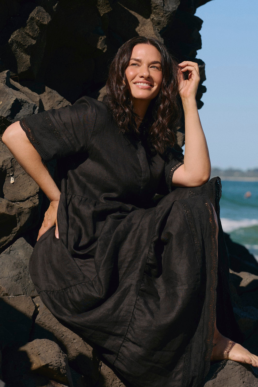Winslow Linen Button-Through Dress in Black
