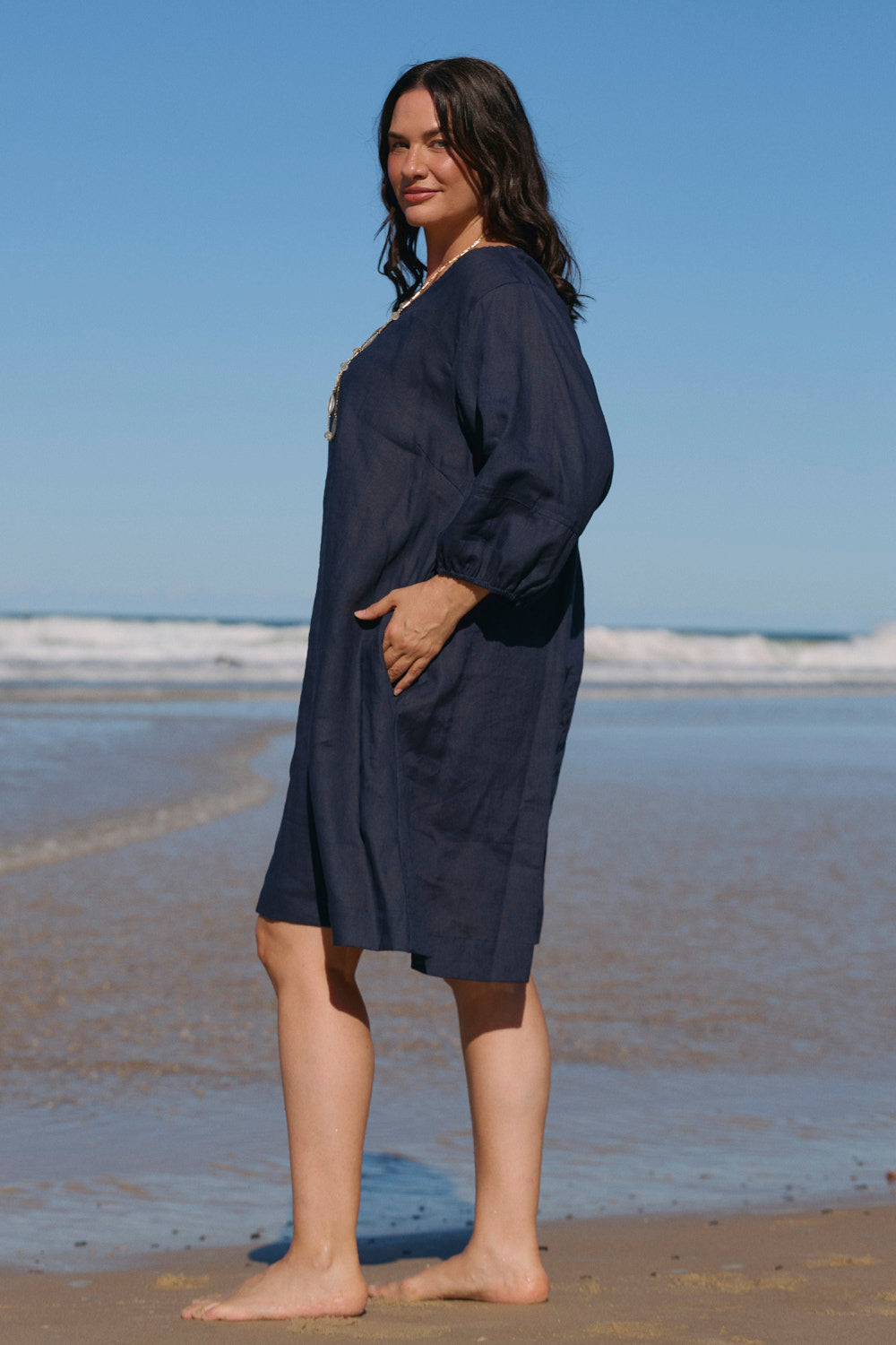 Hazel Short Linen Shift Dress in Navy