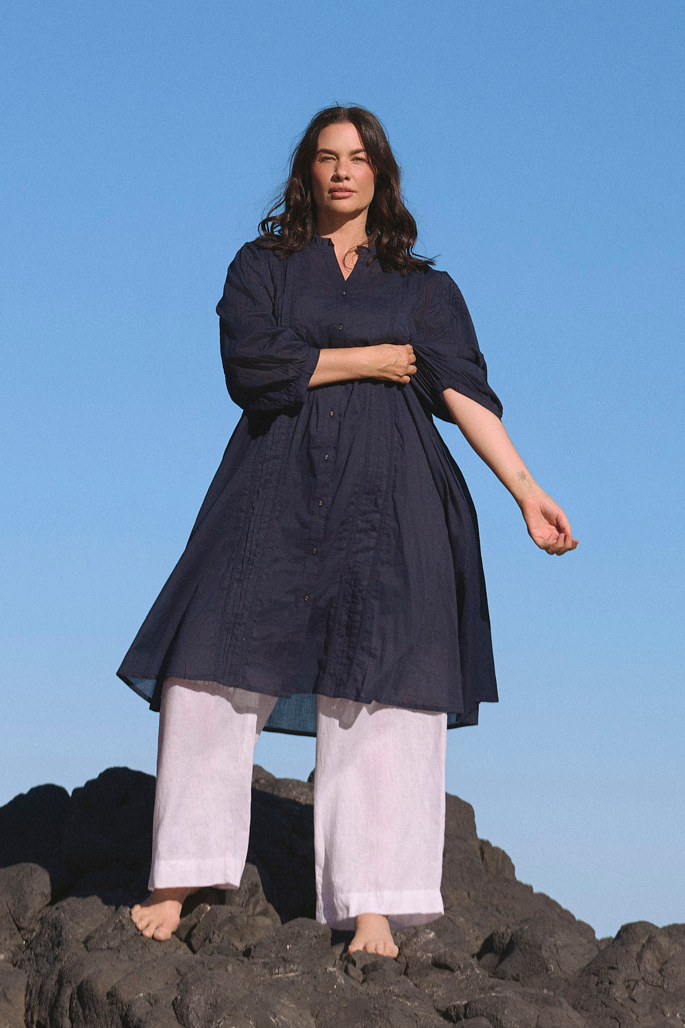 Harper Pintuck Dress in Navy Lyric