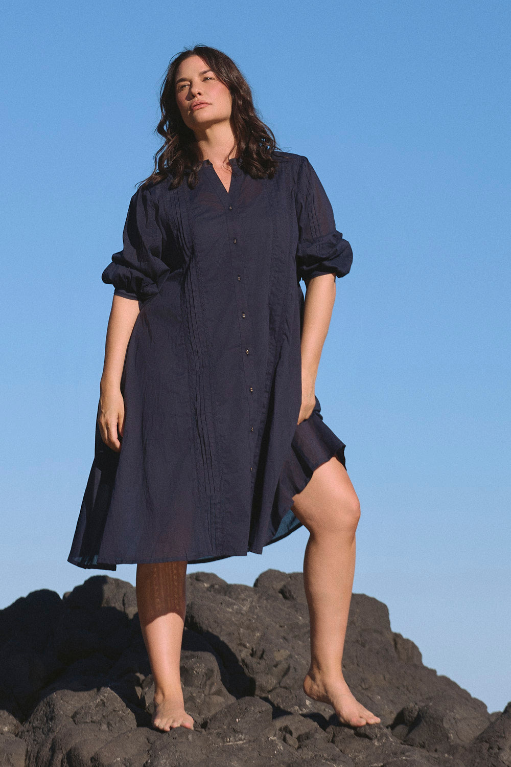 Harper Pintuck Dress in Navy Lyric