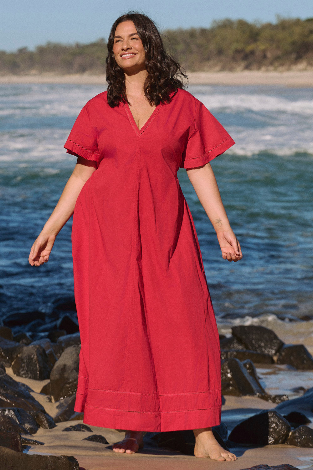 Tatum Flutter Sleeve Dress in Red Poplin