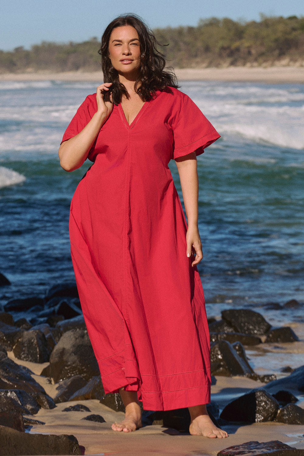 Tatum Flutter Sleeve Dress in Red Poplin