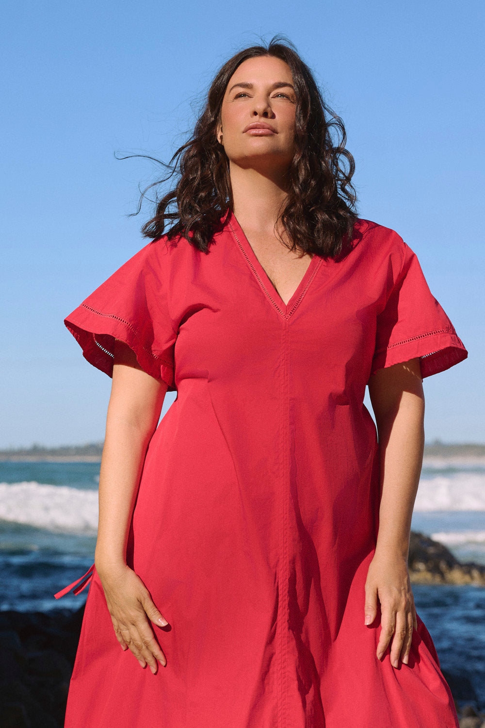 Tatum Flutter Sleeve Dress in Red Poplin