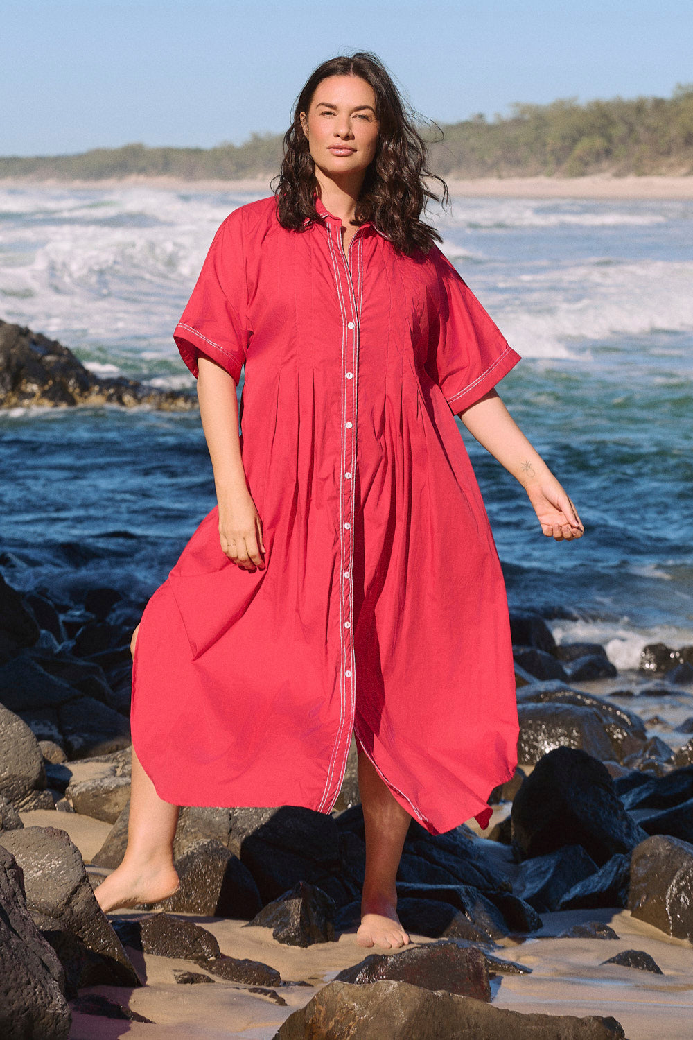 Bridget Pleated Dress in Red Poplin