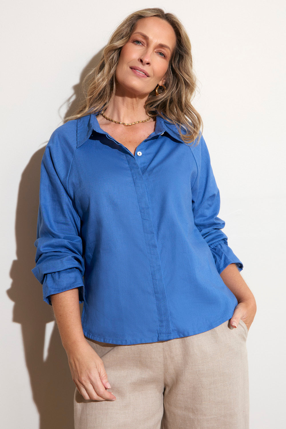 Ebony Frill Cuff Top in Yale Blue