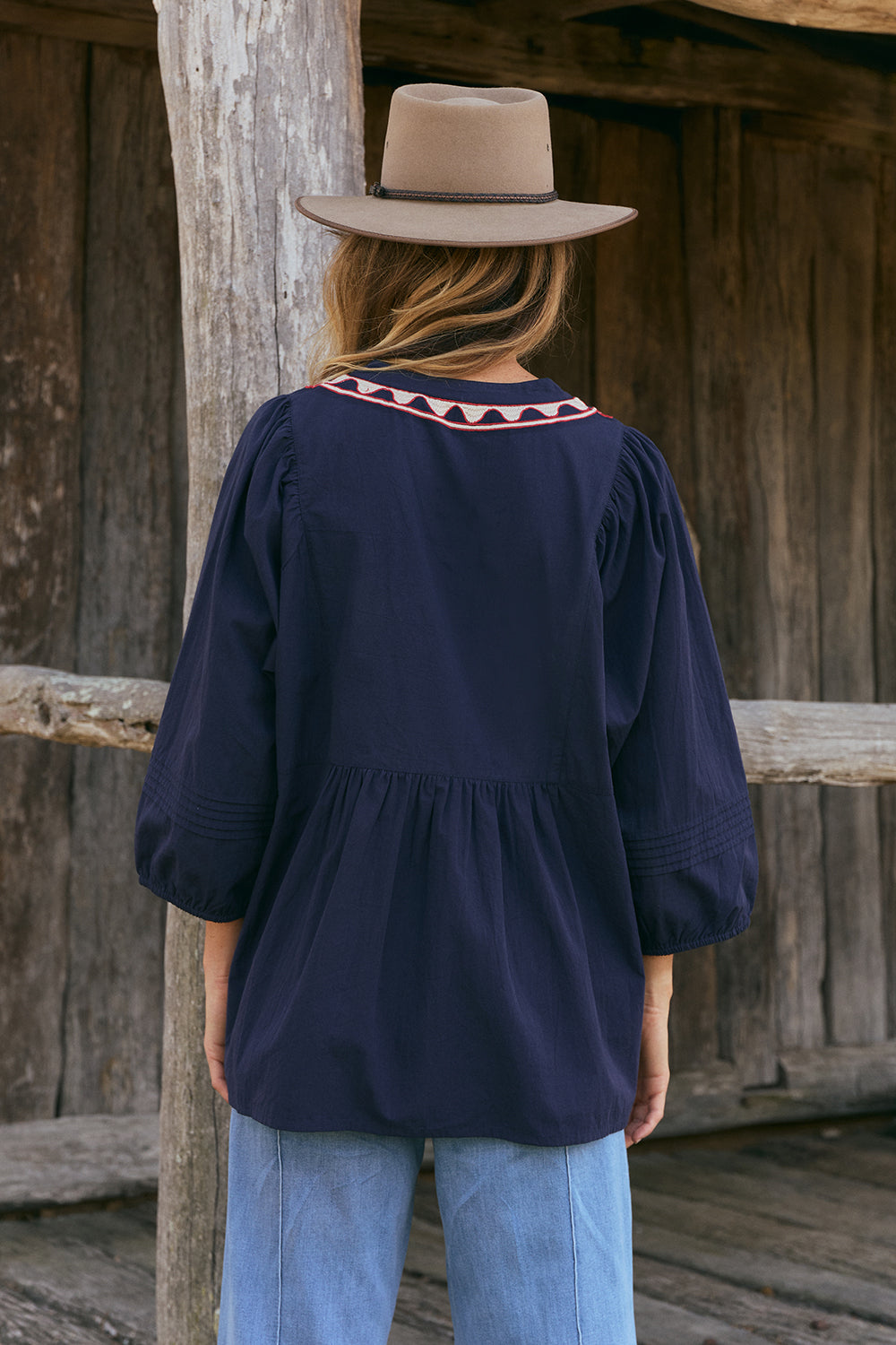 Elodie Smock Blouse in Nocturne in crisp cotton poplin, pairs with denim or linen, designed in Brisbane Australia