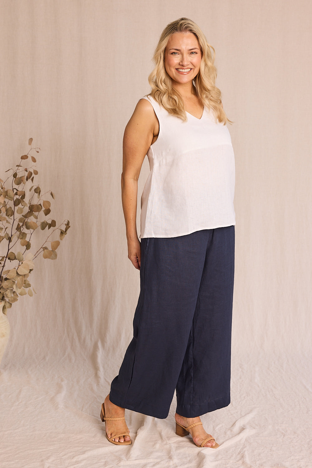 Camille Linen Wide Leg Pant in Navy with flat front and elastic back waistband, Australian womenswear by Adrift
