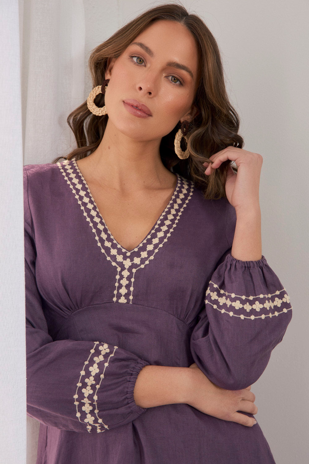 Farrah Long Sleeve Linen Dress in Merlot Dream
