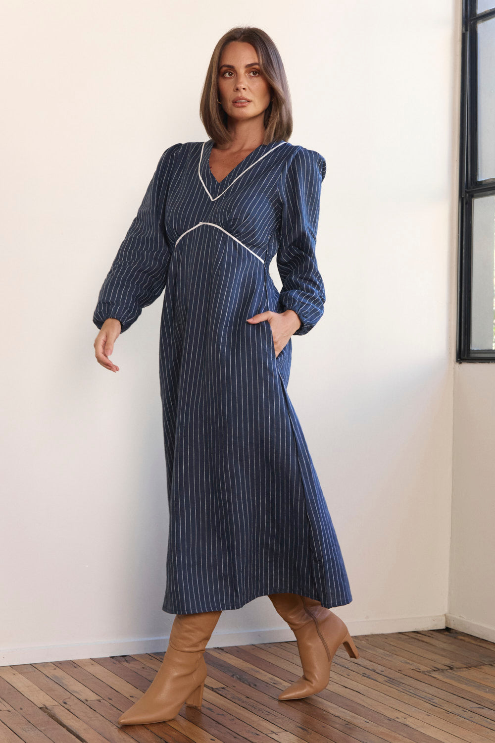Farrah Long Sleeve Linen Dress in Pinstripe