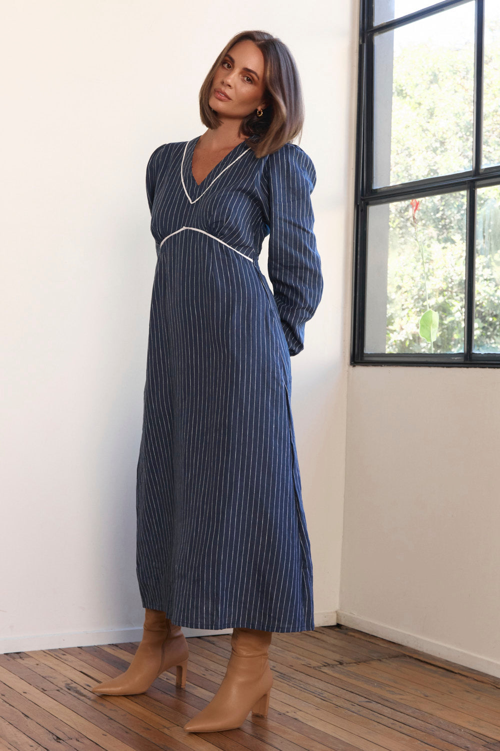 Farrah Long Sleeve Linen Dress in Pinstripe