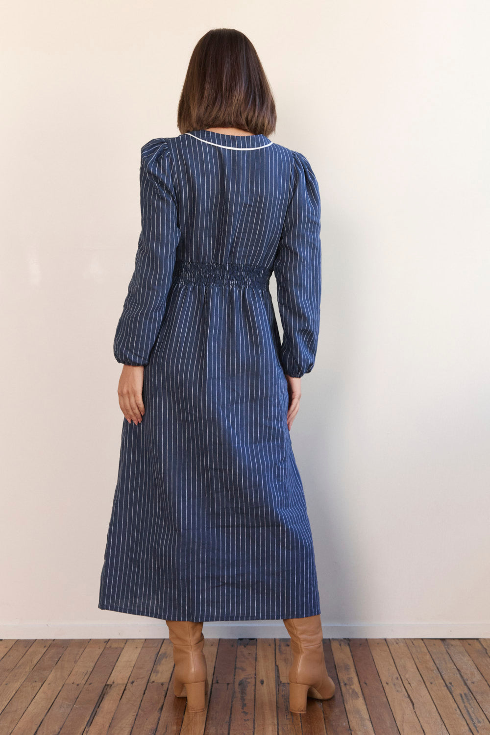 Farrah Long Sleeve Linen Dress in Pinstripe