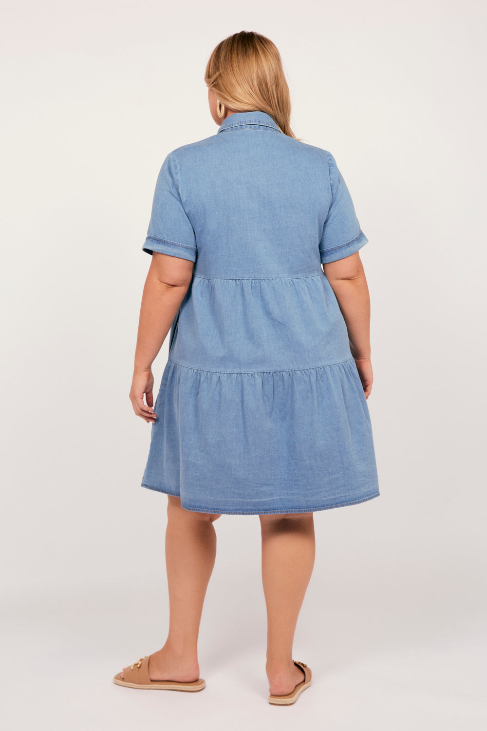 Ginette Chambray Dress in Light Wash, Short Dress - Adrift Clothing