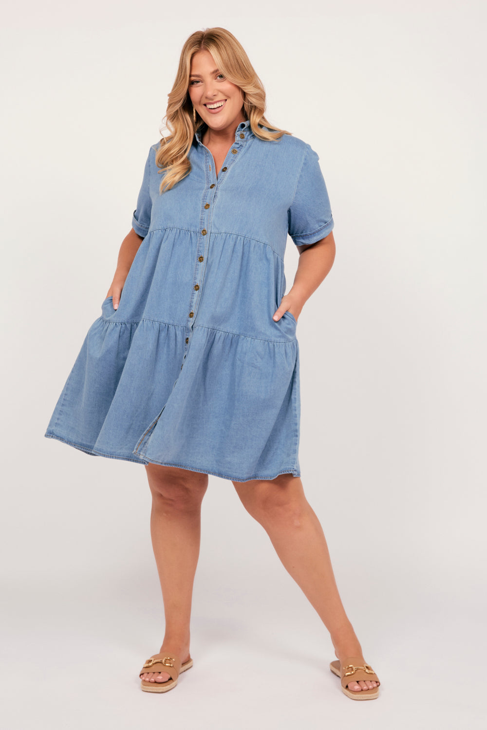 Ginette Chambray Dress in Light Wash, Short Dress - Adrift Clothing